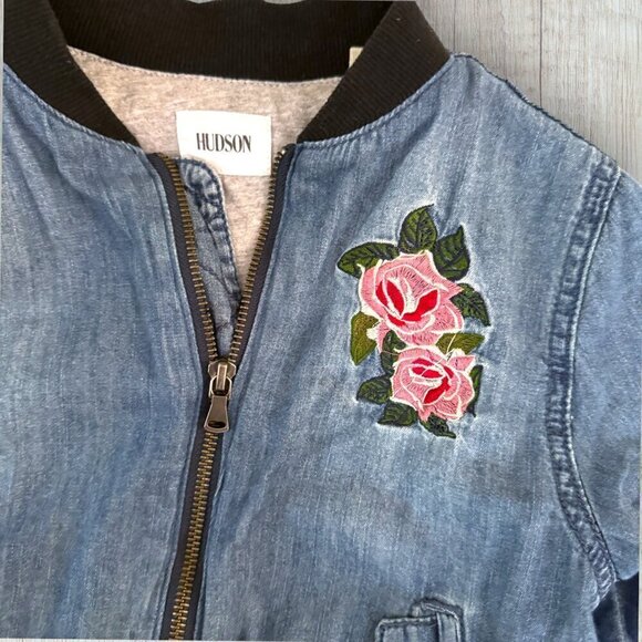 HUDSON Girls Chambray Denim Floral Rose Embroidered Bomber Boho Moto Jacket S 6 - Picture 2 of 6